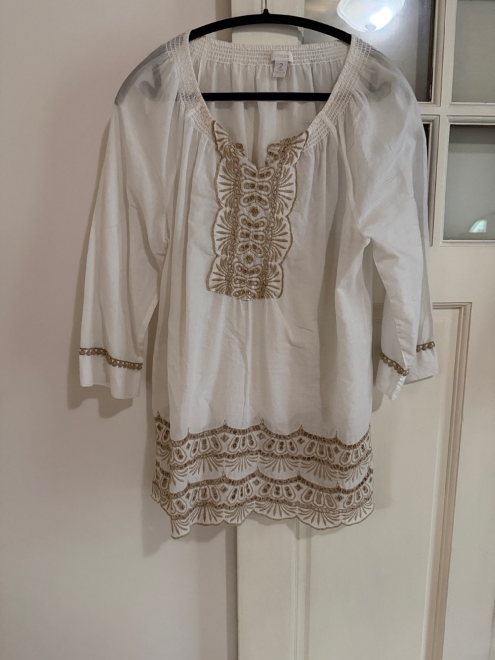 Chico's White Tunic with Gold Embroidered Trim